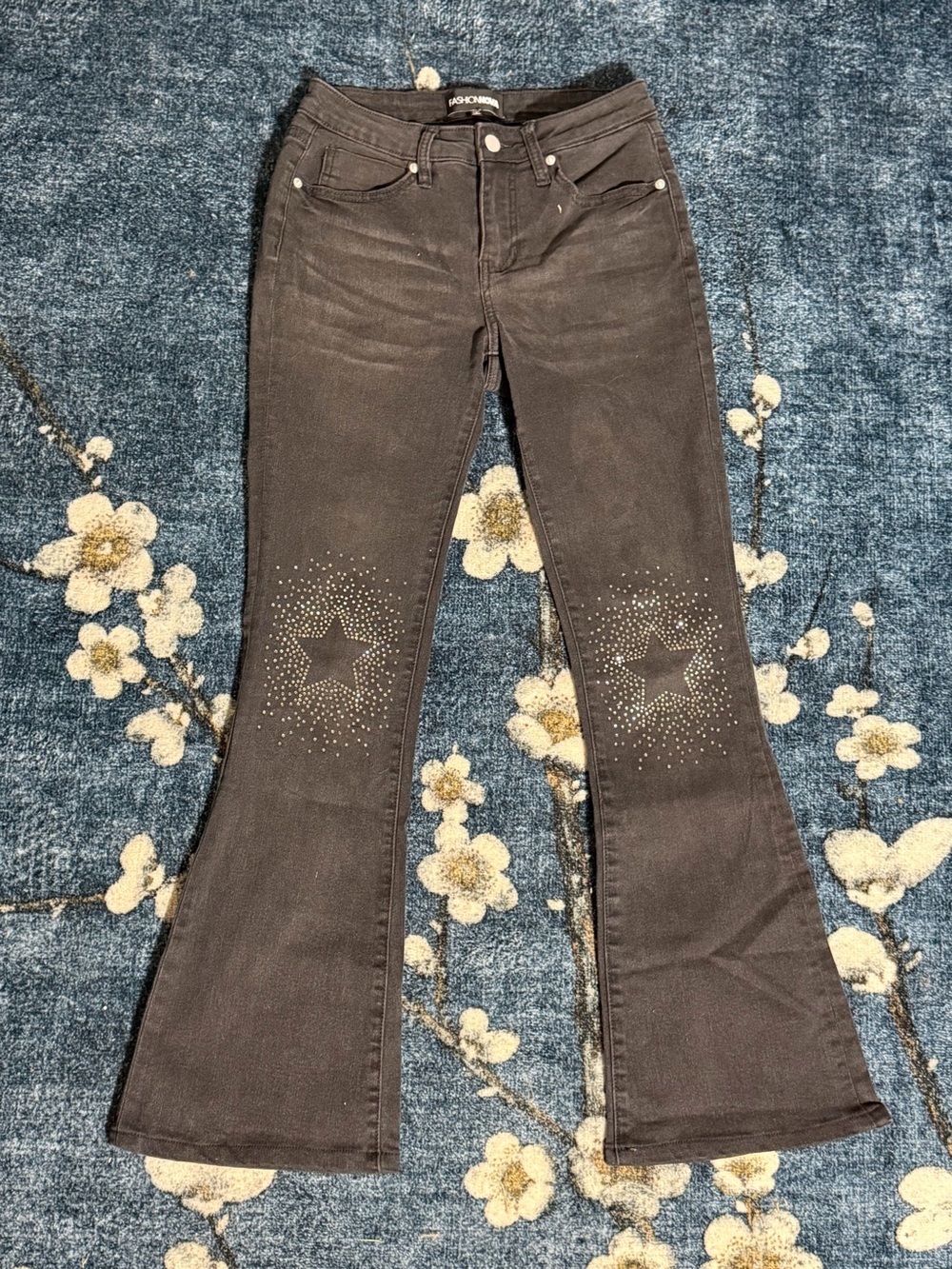 Black Flare Jeans with Star Stud Accents